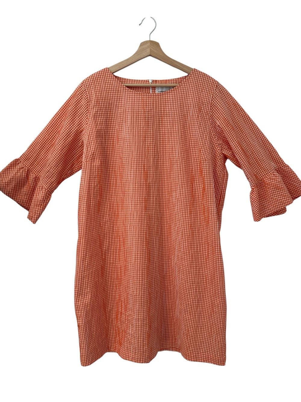 Caroline Rose Women’s Peach Orange Gingham Shift Dress with Ruffle Sleeves - Picture 2 of 12